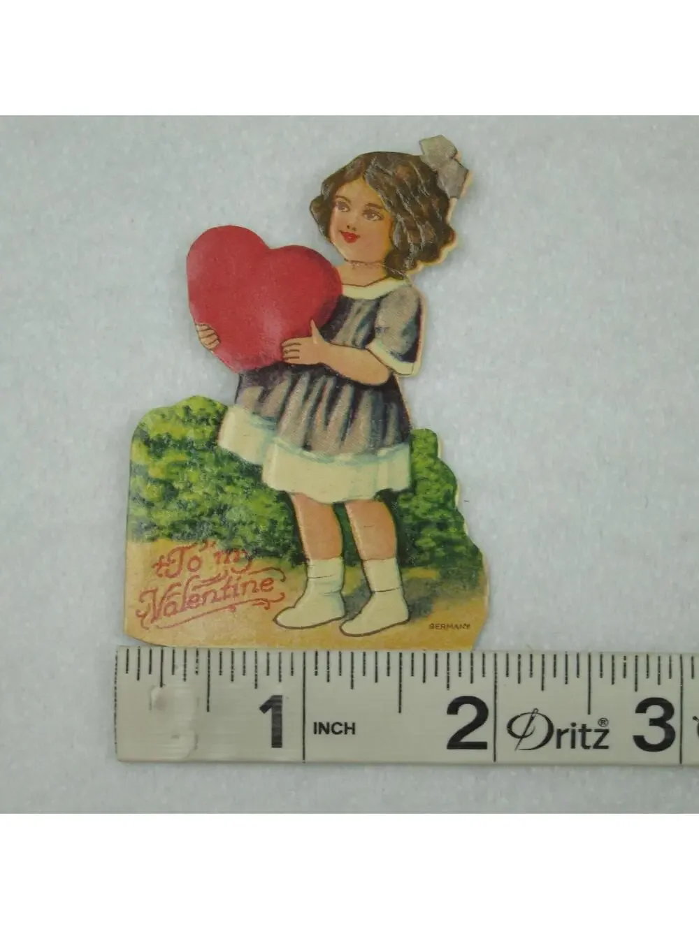 Vintage Valentine Die Cut Stand Up Girl Purple Dress Hold Heart 1920-30s Germany